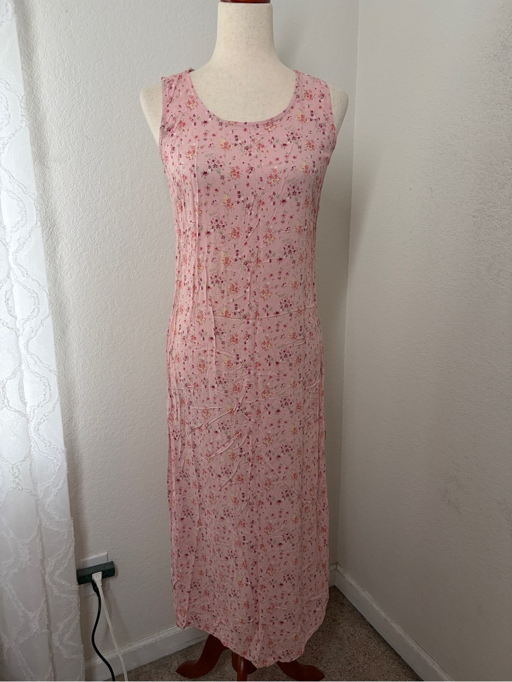 Vintage Y2k Womens Size 6 Pink Ditsy Floral Sleeveless Maxi Dress Cottagecore